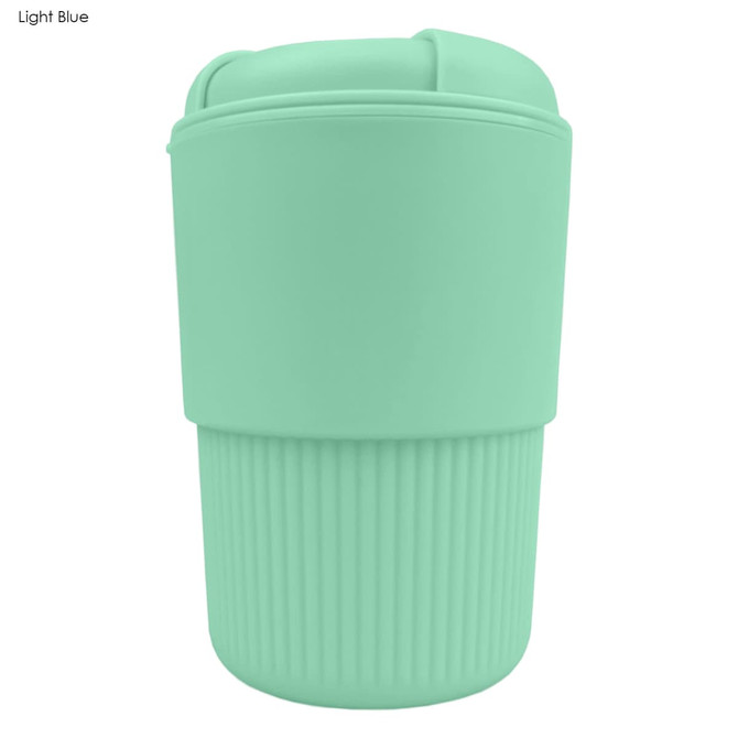 A drink bottle in light blue with a ribbed design and a secure lid, featuring a logo on the surface.