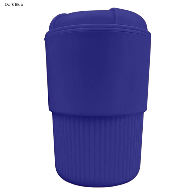 A drink bottle in dark blue with a ribbed design and a smooth lid, featuring a branding logo.