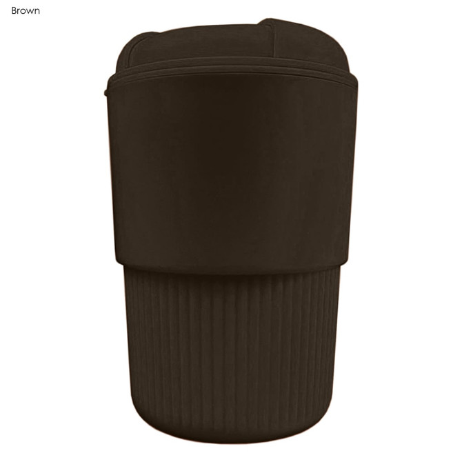 A drink bottle in brown with a ribbed exterior and a logo on its surface. Reusable coffee cup design.