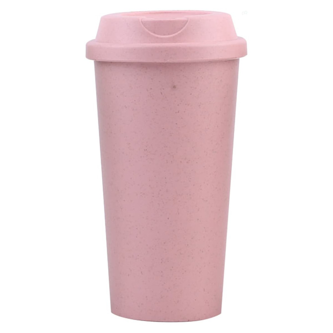 A reusable coffee cup in soft pink with a matching lid and a logo feature.