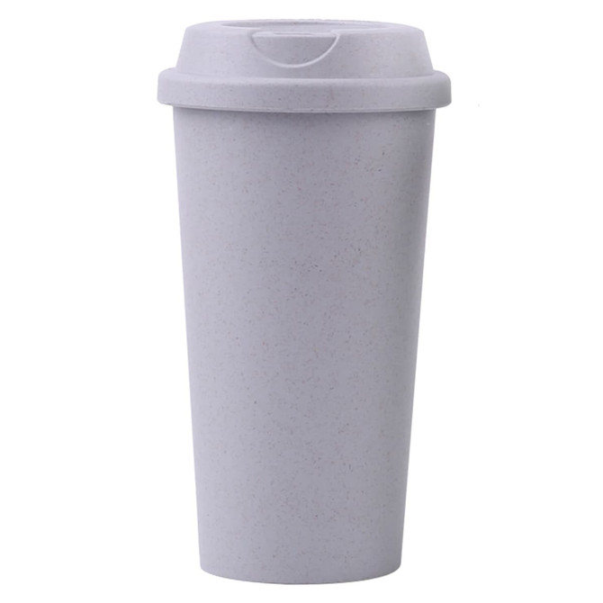 A reusable coffee cup in light grey with a fitted lid. It features a branding logo on the side.