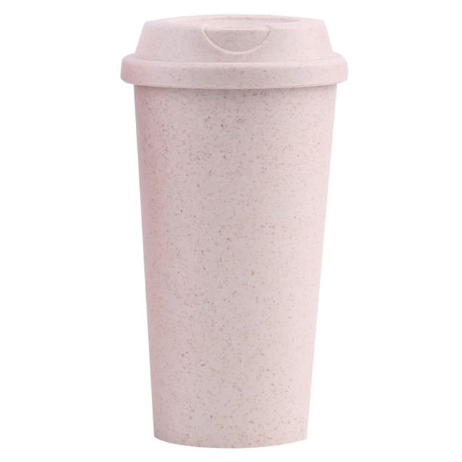 A reusable coffee cup in a light pink hue, featuring a lid and a subtle speckled texture. It has a logo.