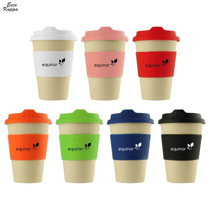 A reusable coffee cup set in various colours: white, pink, orange, green, blue, and black, featuring a logo.
