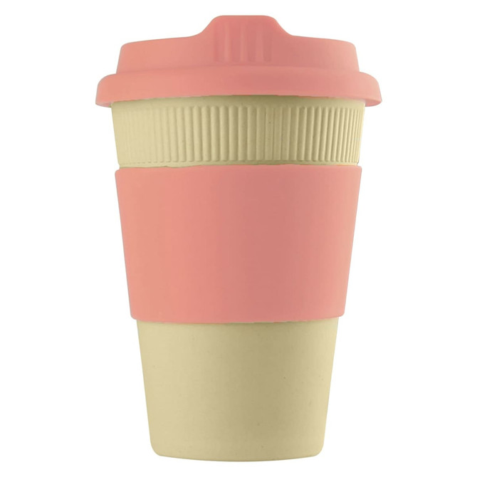 A reusable coffee cup in beige with a pink silicone sleeve and lid, featuring a logo.