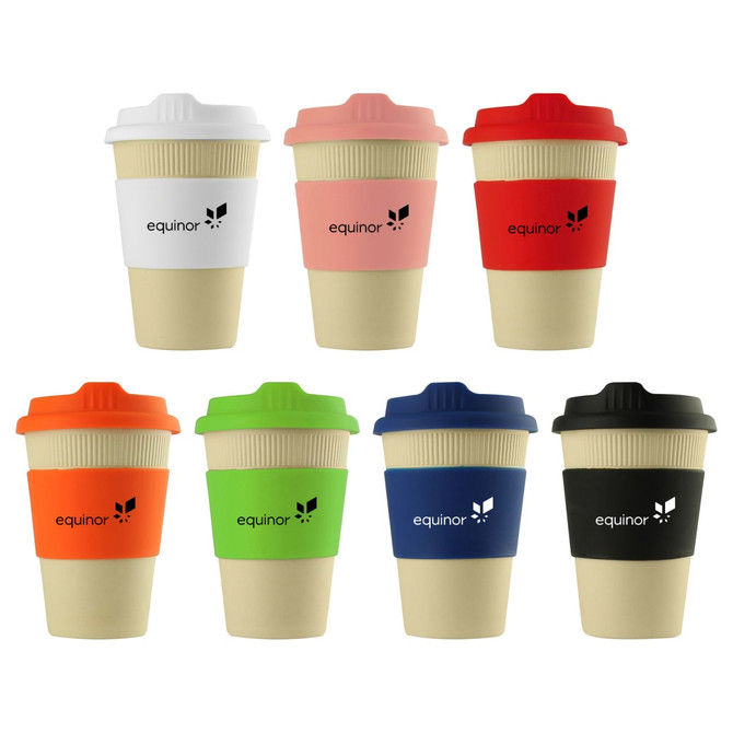A drink bottle featuring reusable coffee cups in white, pink, red, orange, green, black, and beige, each with a logo.