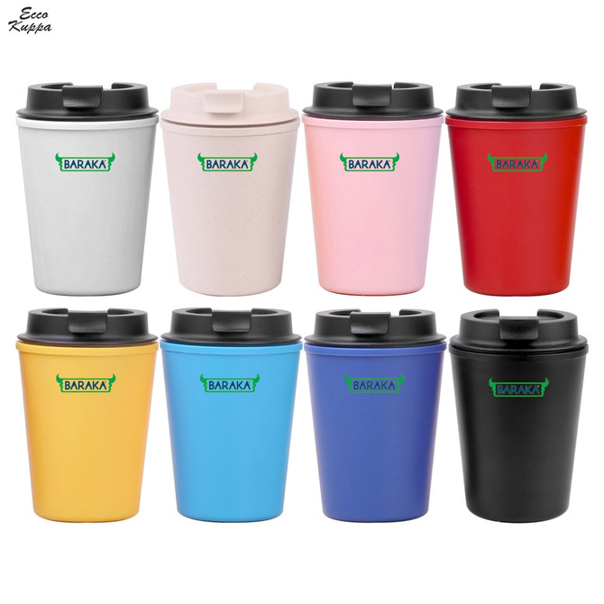 A collection of reusable coffee cups in various colours including grey, pink, red, yellow, and black, featuring lids and logos.