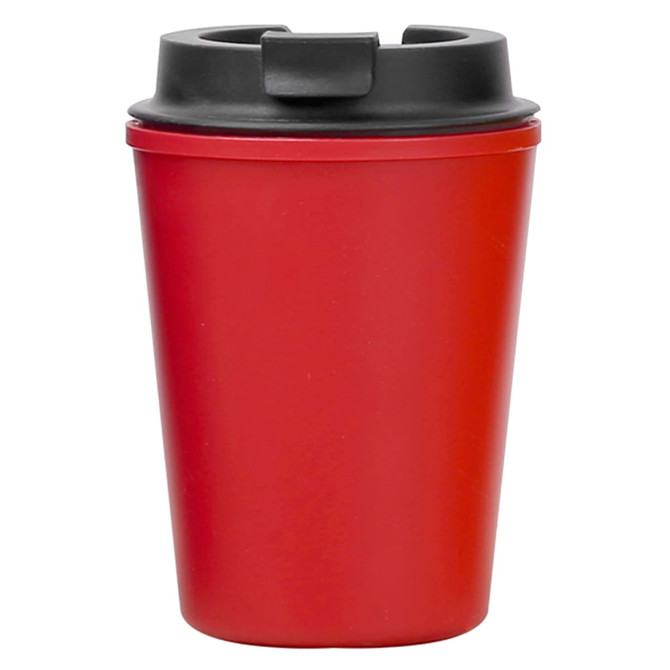 A red reusable coffee cup with a black lid, featuring a logo. Perfect for on-the-go beverages.