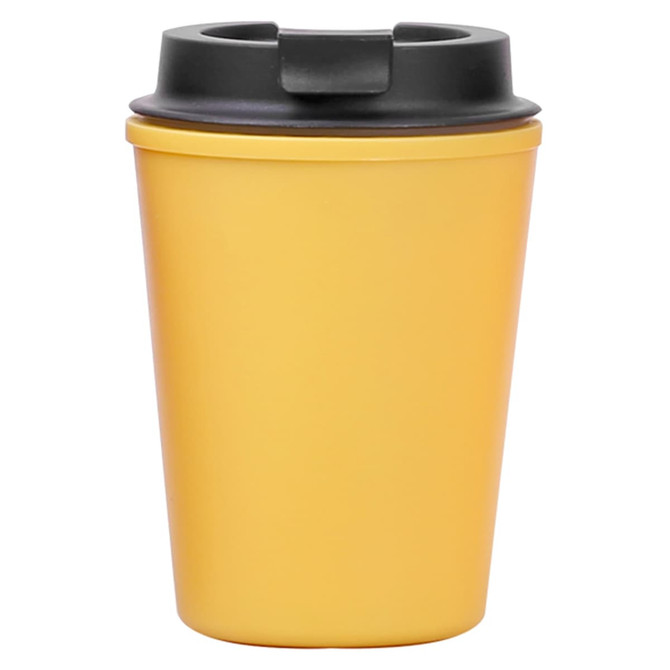 A reusable coffee cup in bright yellow with a black lid and logo. Perfect for eco-friendly drinkware.