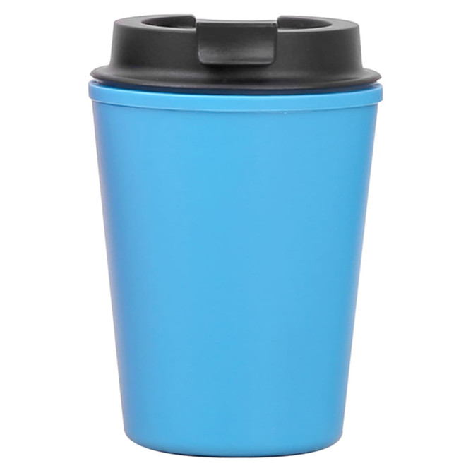 A reusable coffee cup in bright blue with a black lid, featuring a logo.
