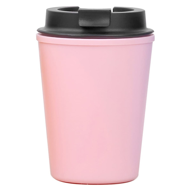 A reusable coffee cup in a soft pink colour with a black lid, featuring a logo.