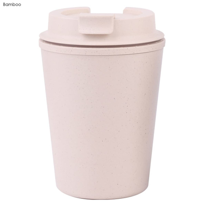 A reusable coffee cup in a light pink colour, made from bamboo, featuring a lid and a logo.