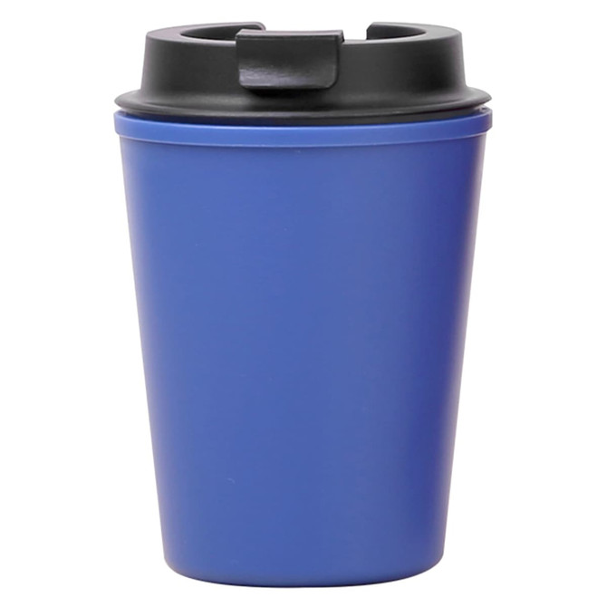 A drink bottle in blue with a black lid, designed as a reusable coffee cup. It features a branding logo.