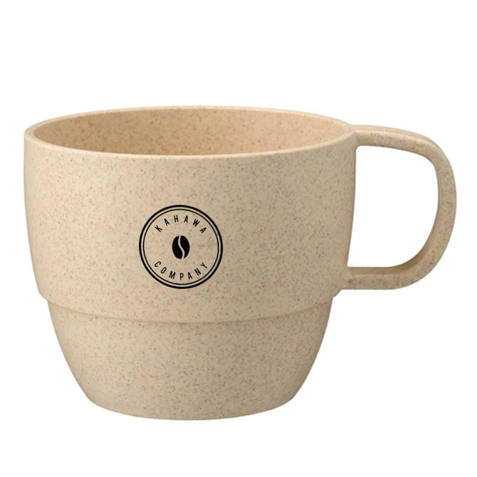 A reusable coffee cup made from wheat straw, featuring a beige colour and a handle, with a logo on the front.