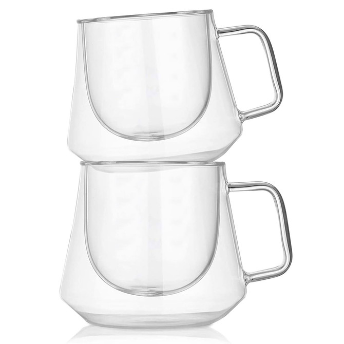 A set of two transparent glass coffee cups with a modern design and curved handles, featuring a sleek, minimalist look.