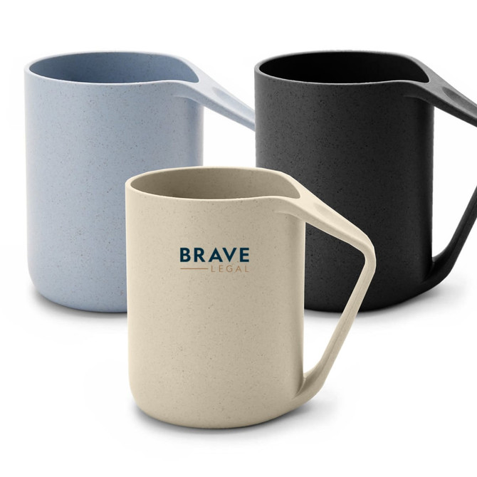 A reusable coffee cup set featuring three colours: light blue, black, and beige, with a logo on one cup.