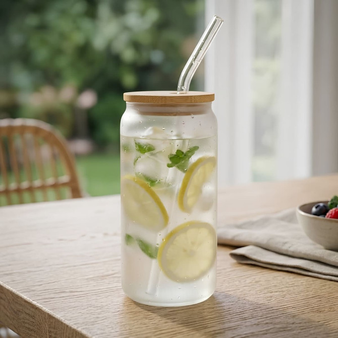 A glass tumbler with a bamboo lid and straw, filled with water, ice, lemon slices, and mint leaves.