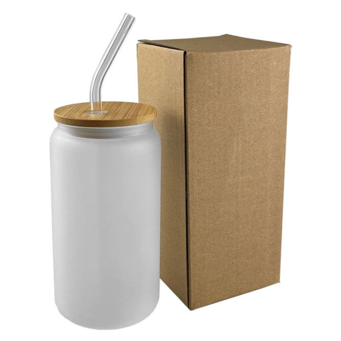 A drink bottle features a frosted glass body, a bamboo lid, a clear straw, and a cardboard box.