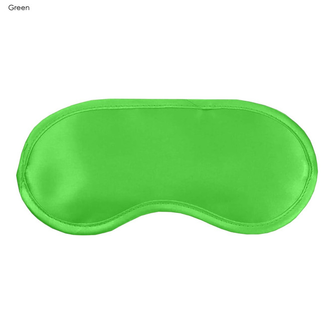 A green satin sleep eye mask with a smooth finish, ideal for blocking out light. It features a logo.