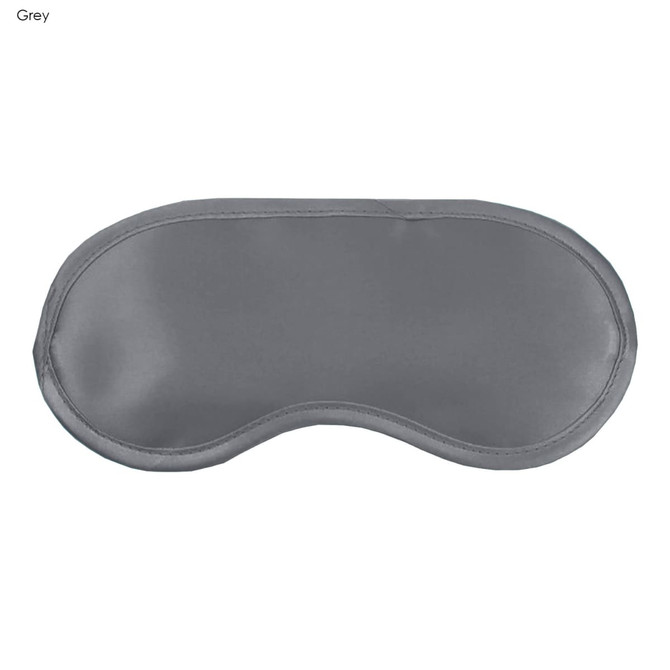 A grey satin sleep eye mask with a smooth surface and curved shape, featuring a logo on the side.