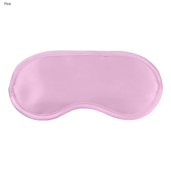 A pink satin sleep eye mask with a smooth surface and curved design. It features a logo on one side.