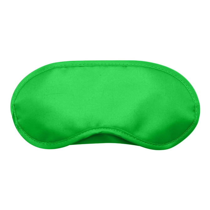 A green sleep eye mask with a smooth surface and contoured shape. It features a logo on one side.