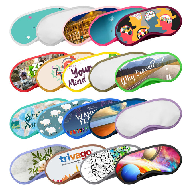 A collection of various patterned sleep eye masks in different colours, featuring multiple designs and a logo on some.