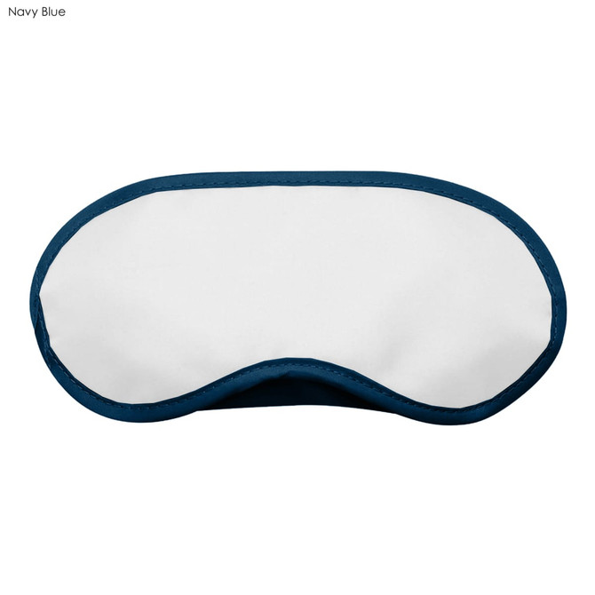 A navy blue sleep eye mask with a white front and a curved design. It features a branding logo.