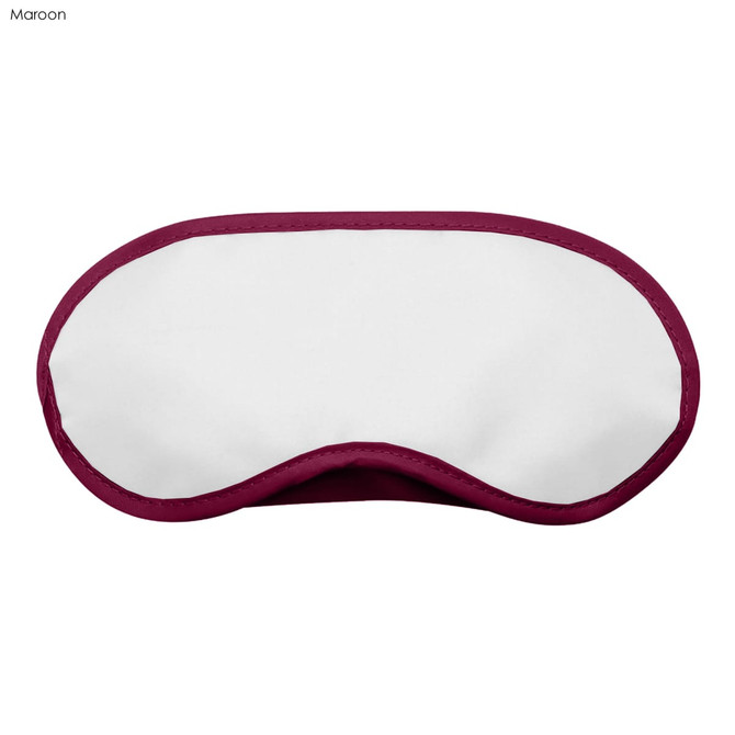 A maroon sleep eye mask with a white front surface and a contoured shape. It features a logo on one side.