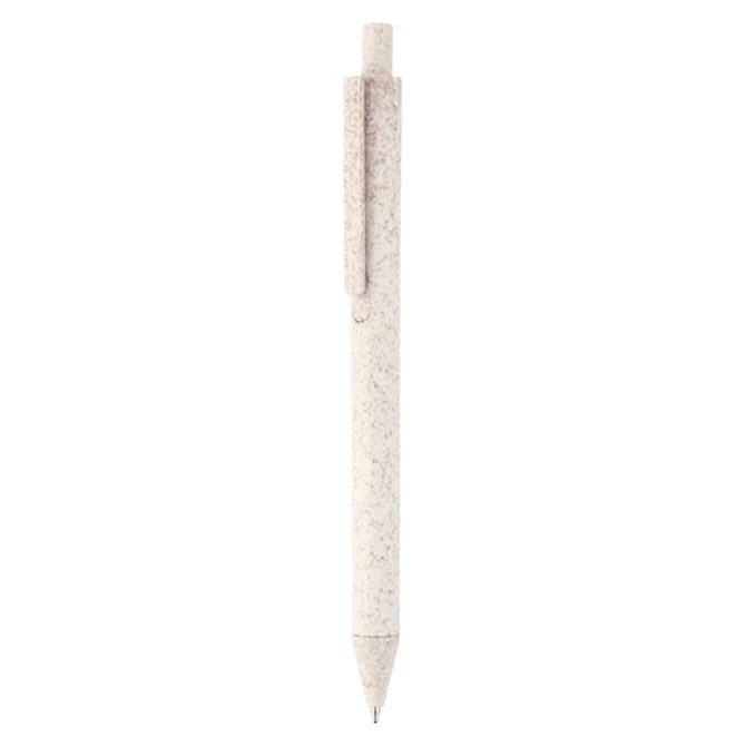 A white eco-friendly plastic pen with a clip. The pen has a textured finish and features a branding logo.