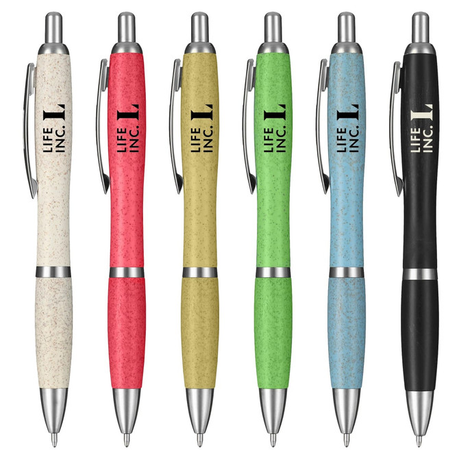 A collection of six eco-friendly pens in white, red, green, blue, and black, featuring a logo on each pen.