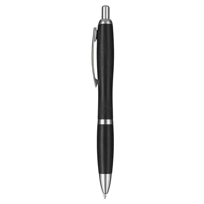 A black plastic pen with a silver clip and accents, featuring a sleek design and a logo.