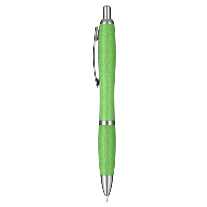 A green eco pen with a silver clip and accents, featuring a smooth writing tip. The pen has a subtle texture.
