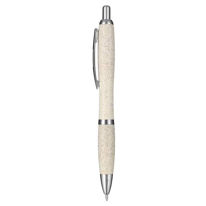 A promotional pen featuring a cream-coloured body with silver accents and a clip, displaying a brand logo.