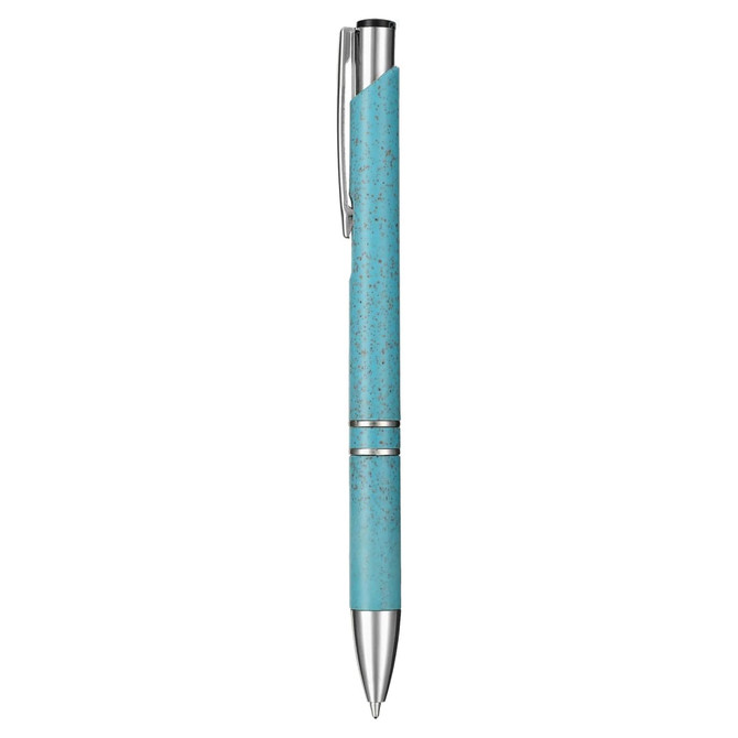 A blue eco-friendly pen with a sleek design. The pen features a silver clip and accents. It has a logo on the barrel.