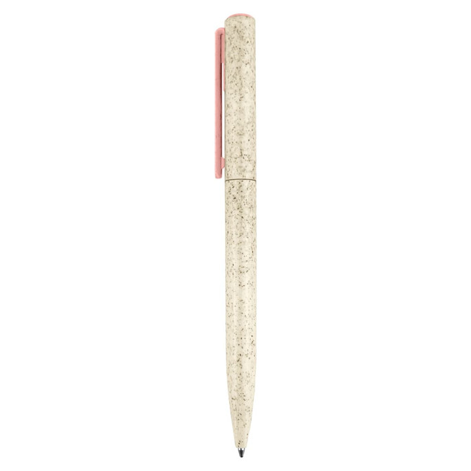 A beige eco-friendly pen with a pink clip, featuring a logo on the side.
