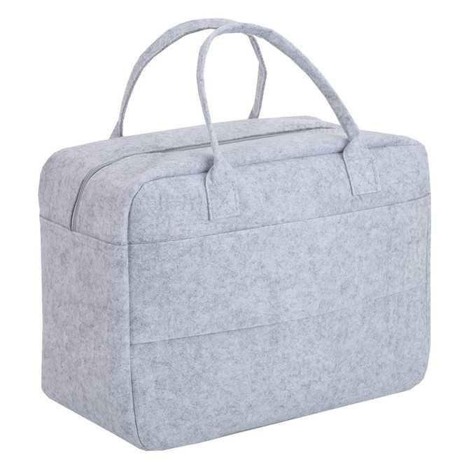 A grey felt travel bag with two handles and a zip closure, featuring a front pocket and a minimalistic design.