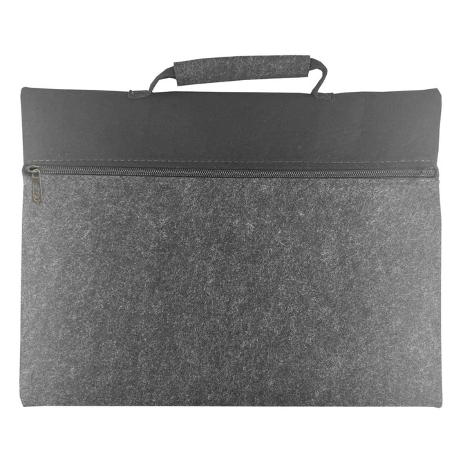 A grey felt carrying case with a zipper and a black handle, featuring a simple design.
