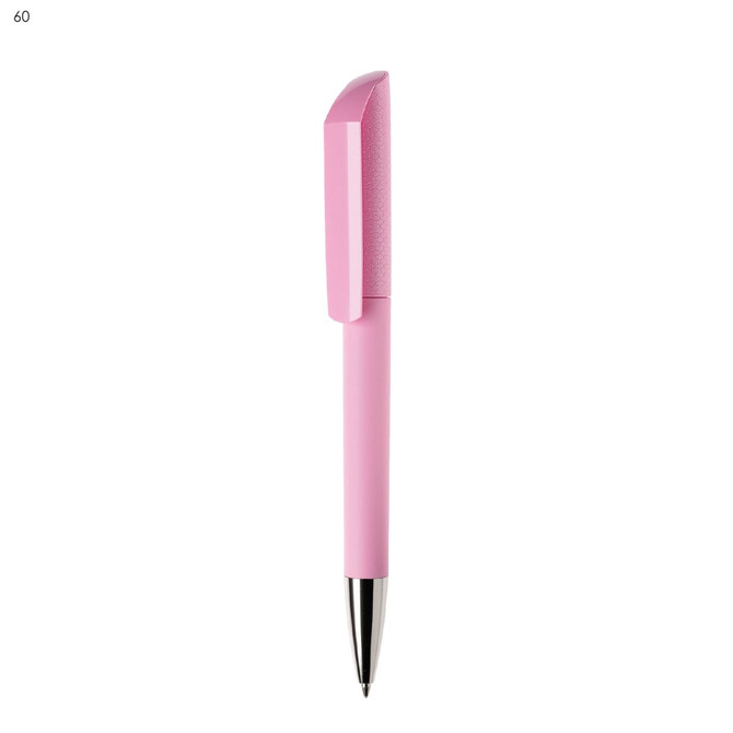 A pink plastic pen with a textured grip and a shiny silver tip. The pen features a logo on its side.