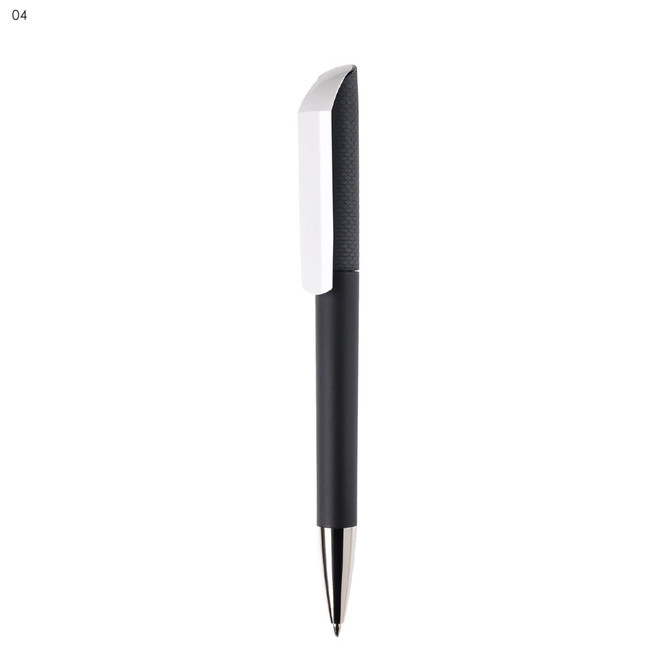 A black plastic pen with a silver tip and a contrasting white clip, featuring a logo on its surface.