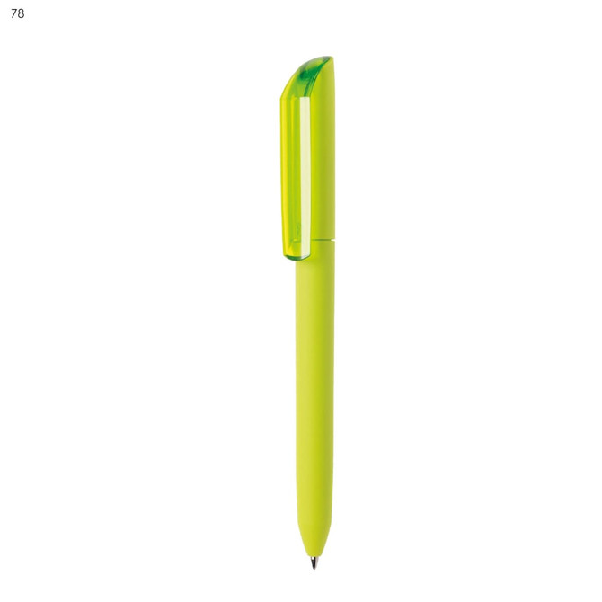 A plastic pen in vibrant yellow with a green cap and a branding logo.