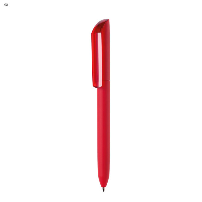 A red plastic pen with a sleek design and a logo on its body.