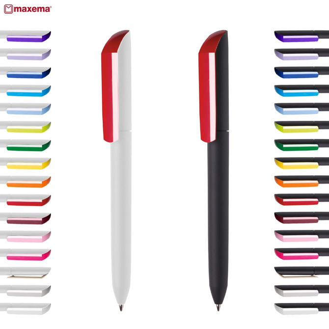 A collection of colourful plastic pens displayed in various shades, featuring a prominent white and black pen with red accents.