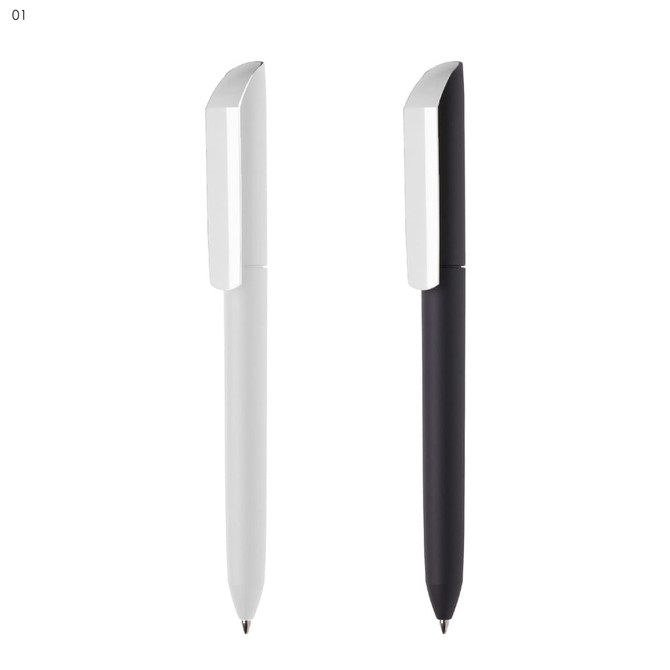 A set of plastic pens in white and black, featuring a sleek design and a logo on the body.