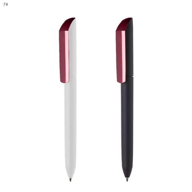 Two plastic pens, one white with a maroon clip and the other black with a maroon clip. Both have a sleek design.