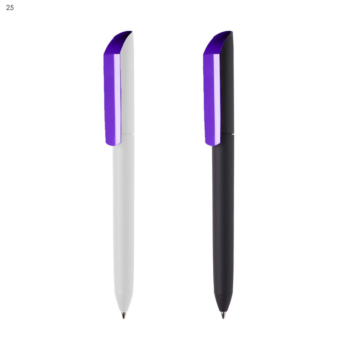 Two plastic pens are displayed, one white with a purple clip and the other black with a purple clip. Both have a logo.