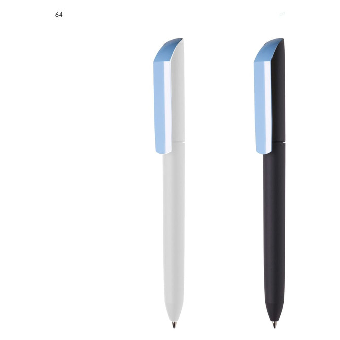 Two plastic pens are displayed: one in white with a blue cap and one in black with a blue cap. Each pen has a logo.