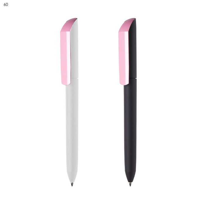 A set of two plastic pens, one white with a pink cap and one black with a pink cap, featuring a logo.