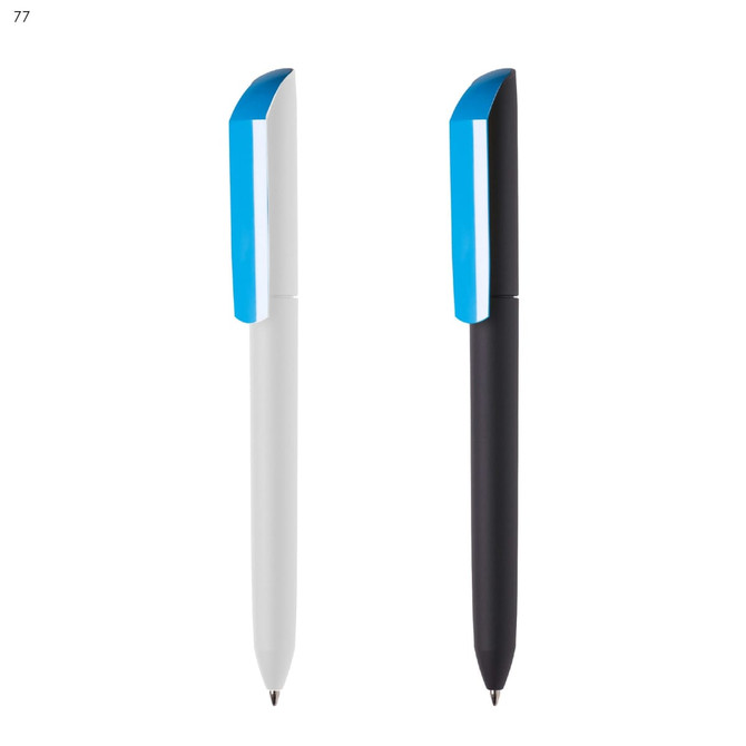 Two plastic pens are displayed, one white with a blue top and one black with a blue top. Both feature a logo.