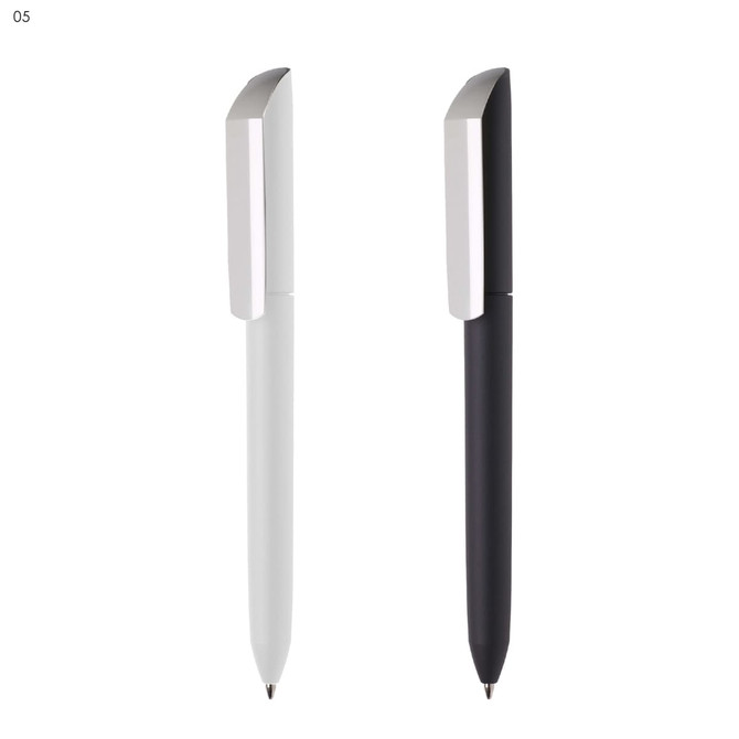 A plastic pen set in white and black, featuring a sleek design and a clip. The pens have a logo.
