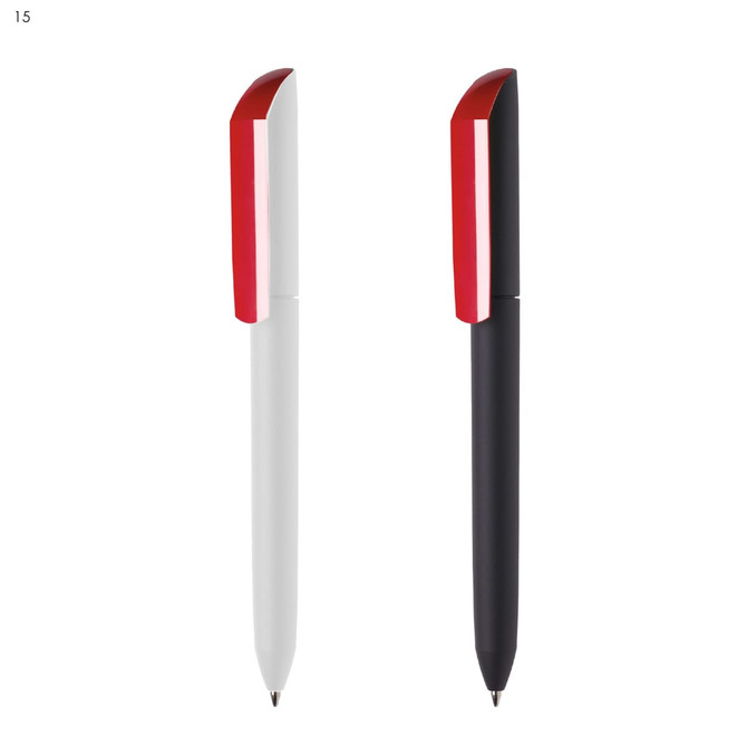 A set of two plastic pens in white and black, each featuring a red cap and branding.